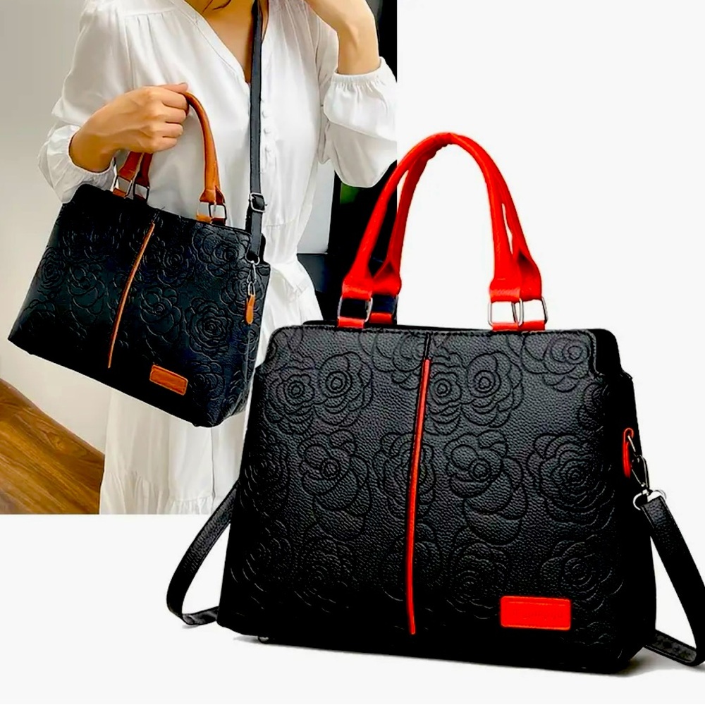 New - Elegant - Faux Leather - Rose Embossed Women's Shoulder Bag - Black /Red